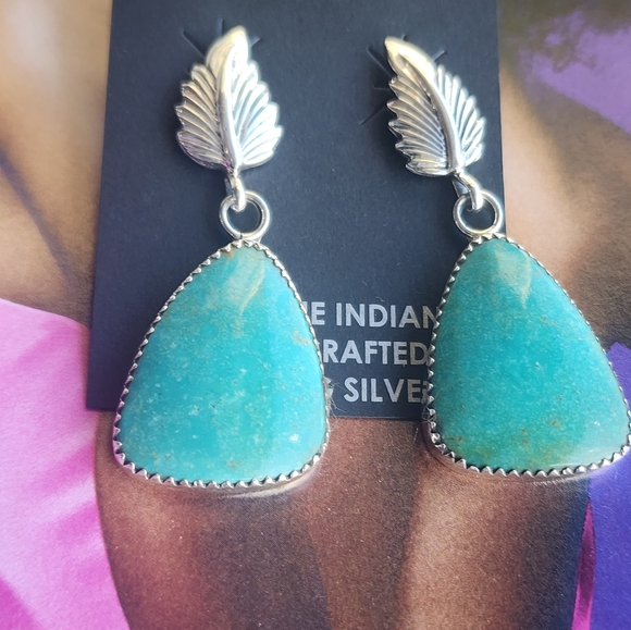 🆕️Turquoise and Silver Native Made Drop Earrings~ So Pretty ~ Fox Turquoise - Picture 7 of 8